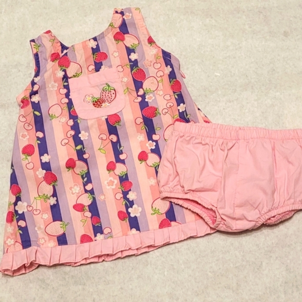 Super cute striped strawberry print embrodiered cotton dress with diaper cover